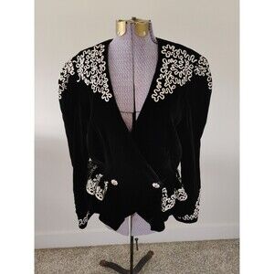 Julie Duroche Jacket Black Velvet Embellished Shoulder Pads 80s Glam 12/14